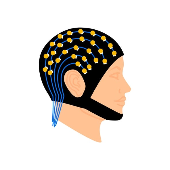 figure of human head, in profile, wearing a cap that is fitted with electrodes and wires