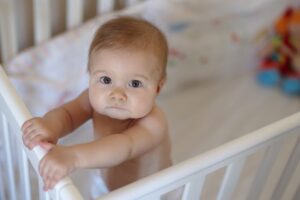 infant in crib looking sad or pensive
