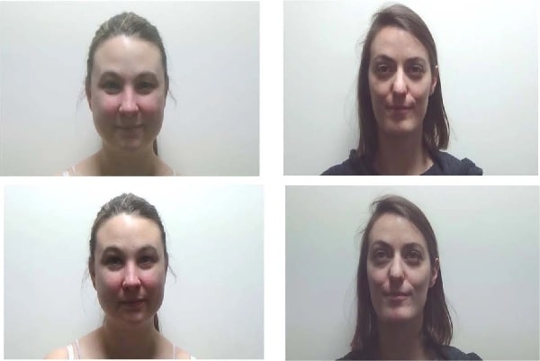 From experiment by Guellai et al 2020 - examples of the same women looking directly at camera and looking slightly to the side