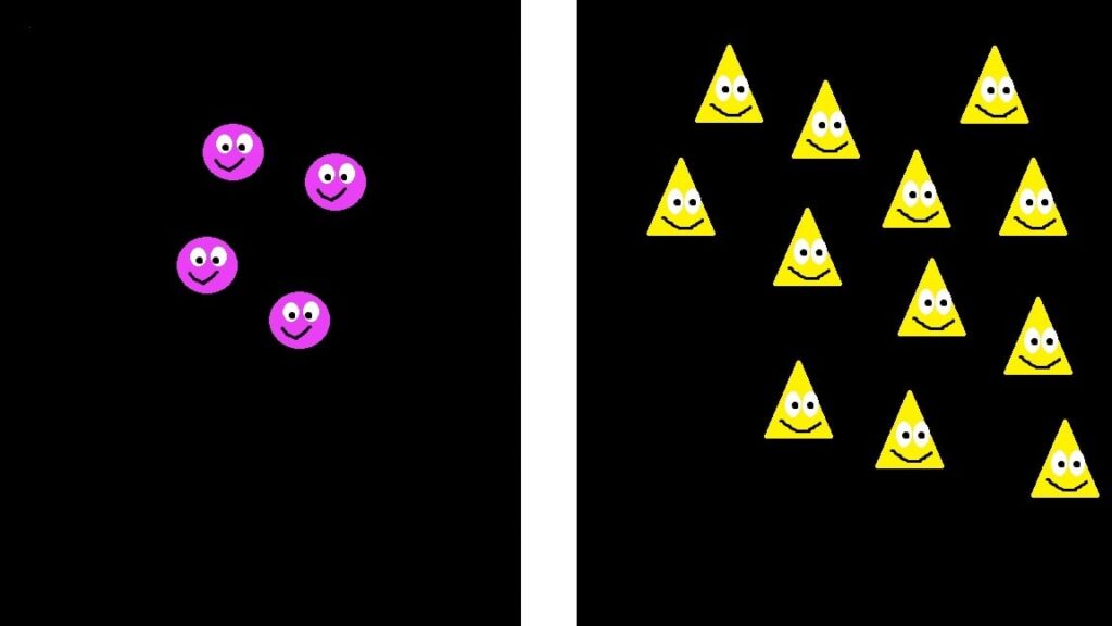two slides, side-by-side, one showing 4 smiling circle-creatures, the other showing 12 smiling triangle-creatures