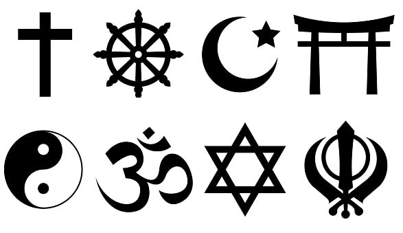 Religious symbols, including a Christian cross, Buddhist dharma wheel, Muslim crescent, Shinto torri, Yin and Yang, and Star of David, and Sikh Khanda