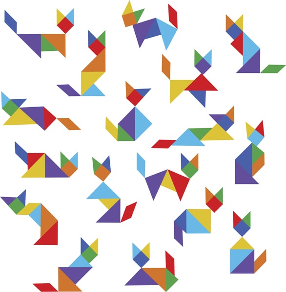 an array of colorful, tangram cats