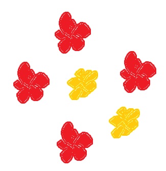 cartoon flowers, four red, two yellow