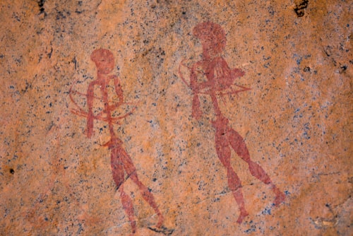 Hunter-gatherer rock art depicting two archers, attibuted to San people
