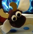 close up of sock puppet with antlers and ears