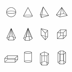 3-D shapes, including a sphere, a cone, a cylinder, pyramids, and varius prisms
