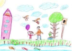 children's colorful, cheerful drawing of a child walking in nature, with a baloon, while holding adult's hand