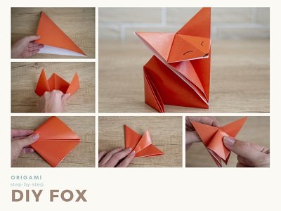 visual sequence of paper folds required to create an origami fox